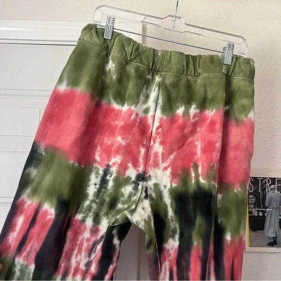 SANDRINE ROSE pink green striped tie dye knit cotton straight leg cropped pants